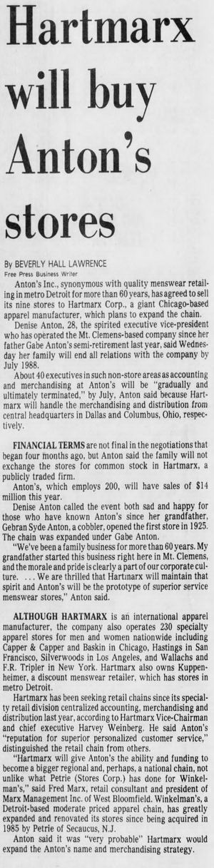 Antons - Hartmax Acquisition November 1987